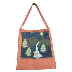 Handmade Nature Applique Canvas Tote Bag Kayak Waterfall Trees Terracotta